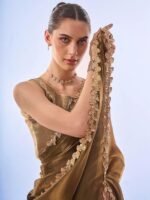 Women's Organza Lightweight Lace Work Saree With Art Silk Sequence Work Golden Unstitched Blouse Piece - Image 3